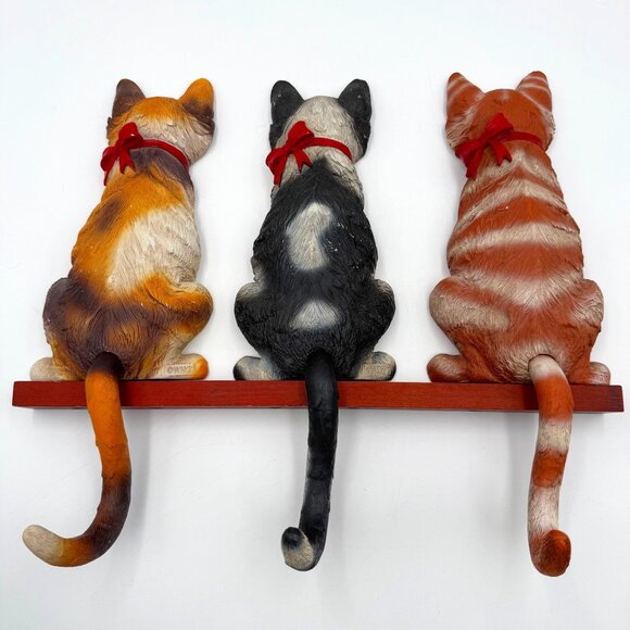 Kitty Tail Wall Hooks Cats on Shelf Wall Mount Key Coats Towel Holder Rack Decor - Picture 1 of 14
